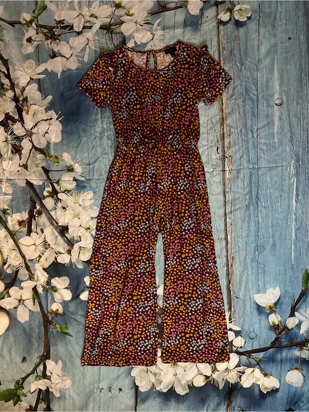 Girls Floral Short-Sleeve Wide-Leg Jumpsuit in Burgundy/Light Blue/ Rusty Colors